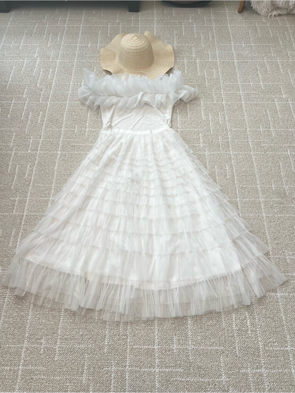 Fabulous White Ruffled Tulle Maxi Skirt with Off-Shoulder Ruffle Top